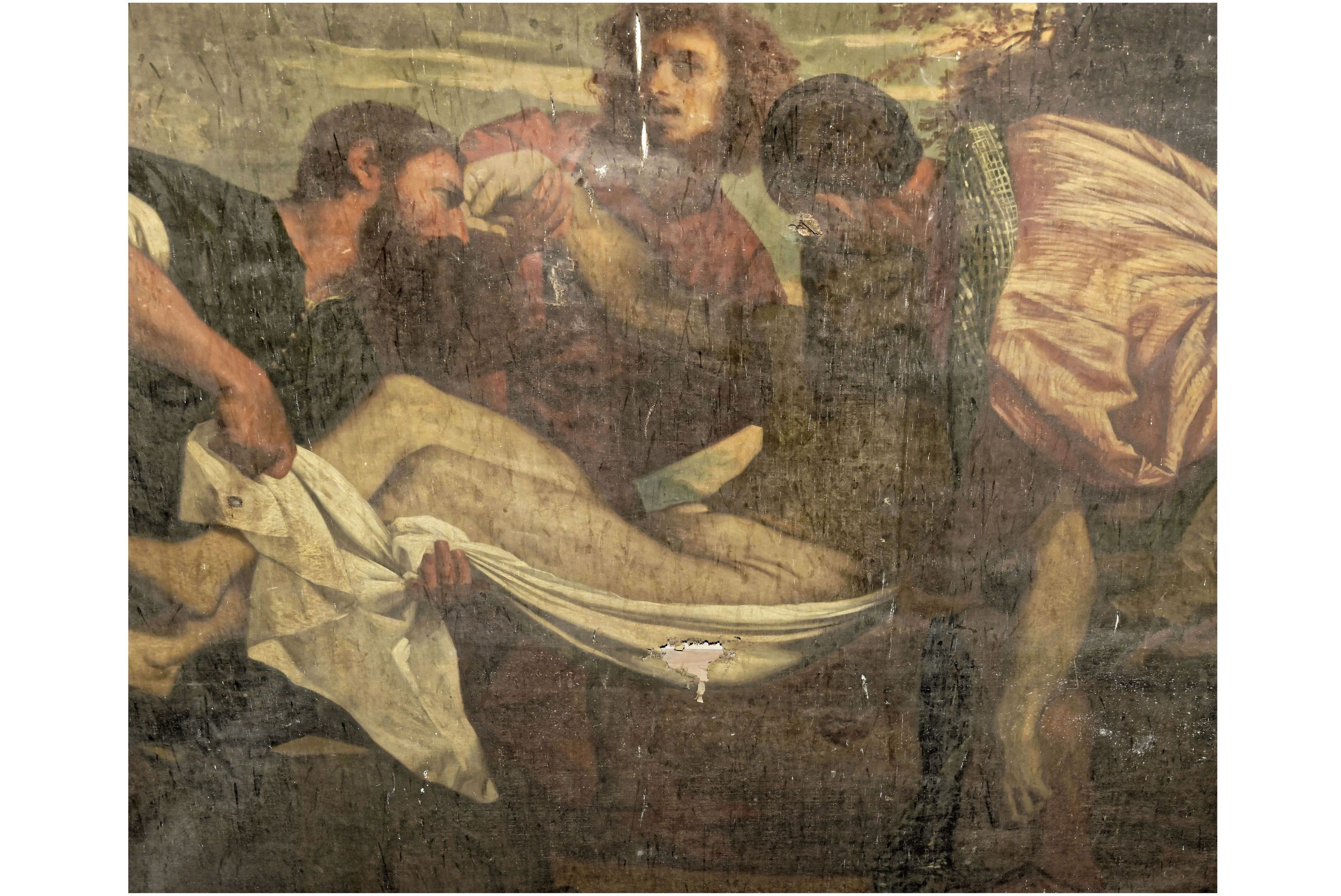 Tableau situé dans le choeur : copie de la mise au tombeau du Titien (Louvre). Détail.