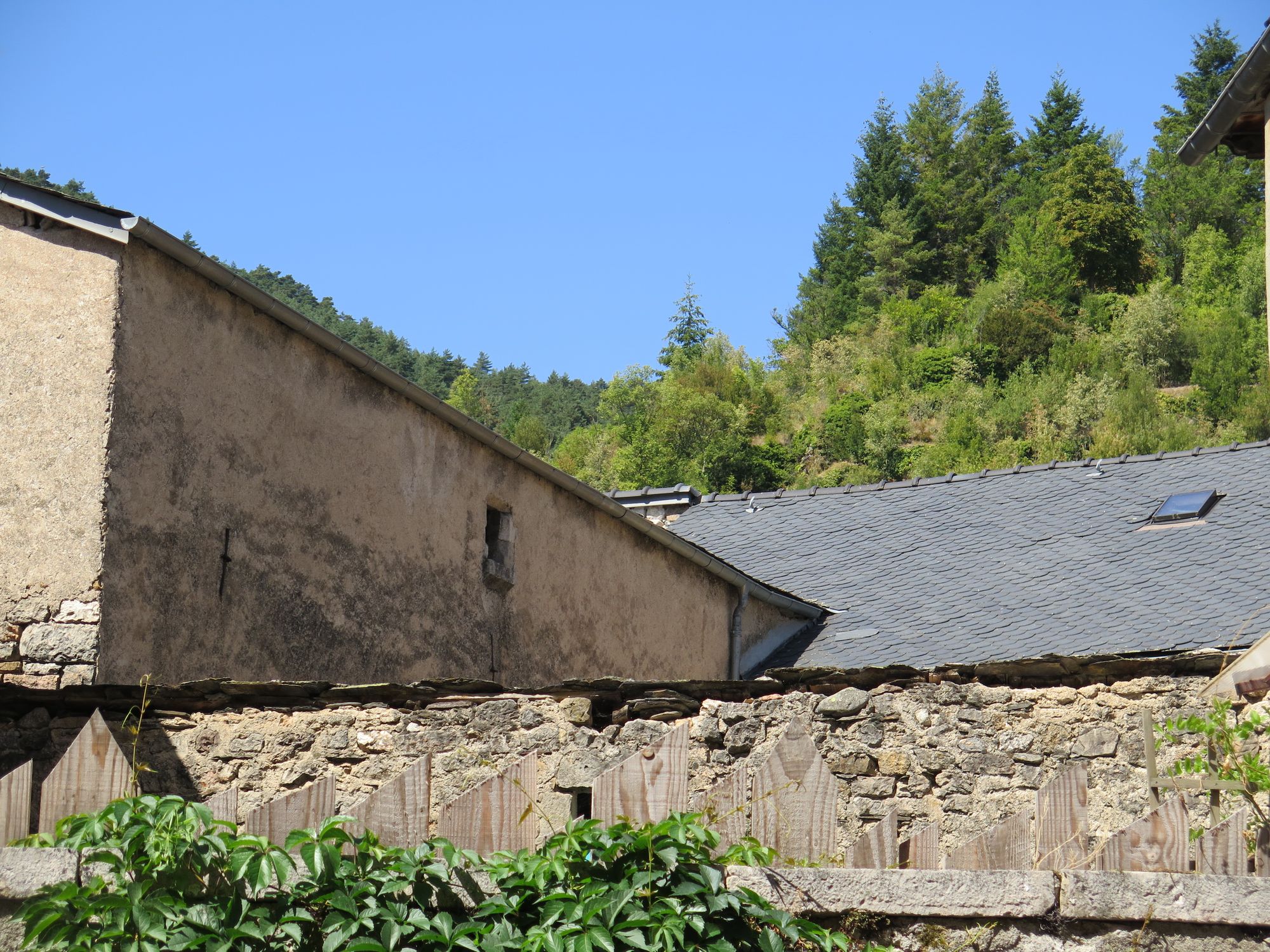 On aperçoit à l’arrière-plan les toitures de la maison donnant sur la cour, vues depuis la rue du Champ de Mars. Détail.