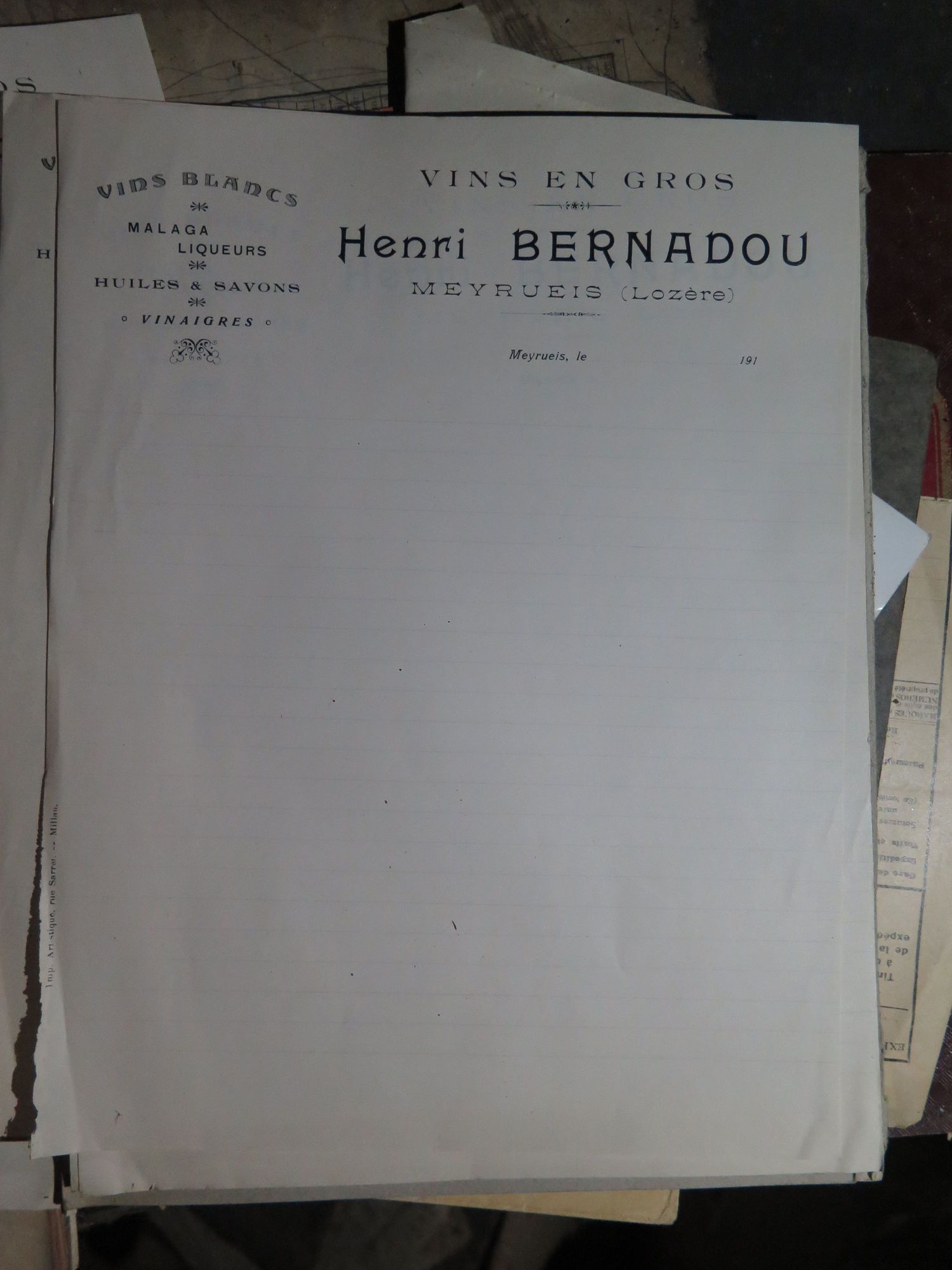 Aile sud, 2e étage : galetas, greniers. Papier à en-tête Vins en gros Henri Bernadou Meyrueis.