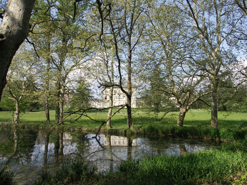 Parc. Le château se reflétant dans la pièce d’eau.