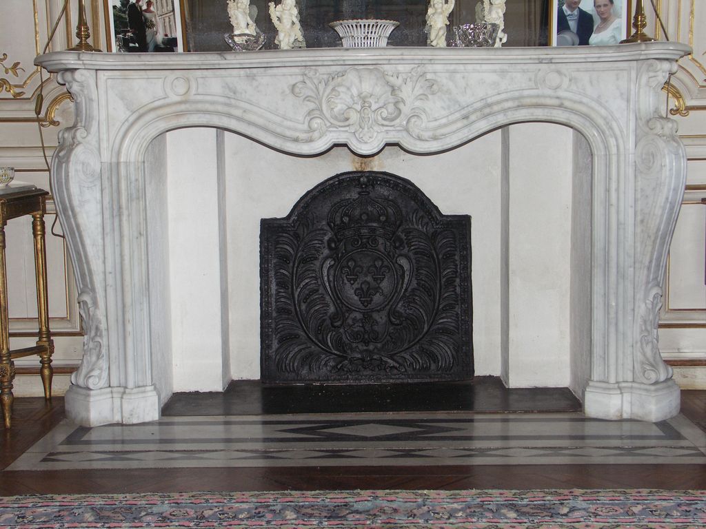 Château. Intérieur. Le grand salon. Cheminée en marbre blanc