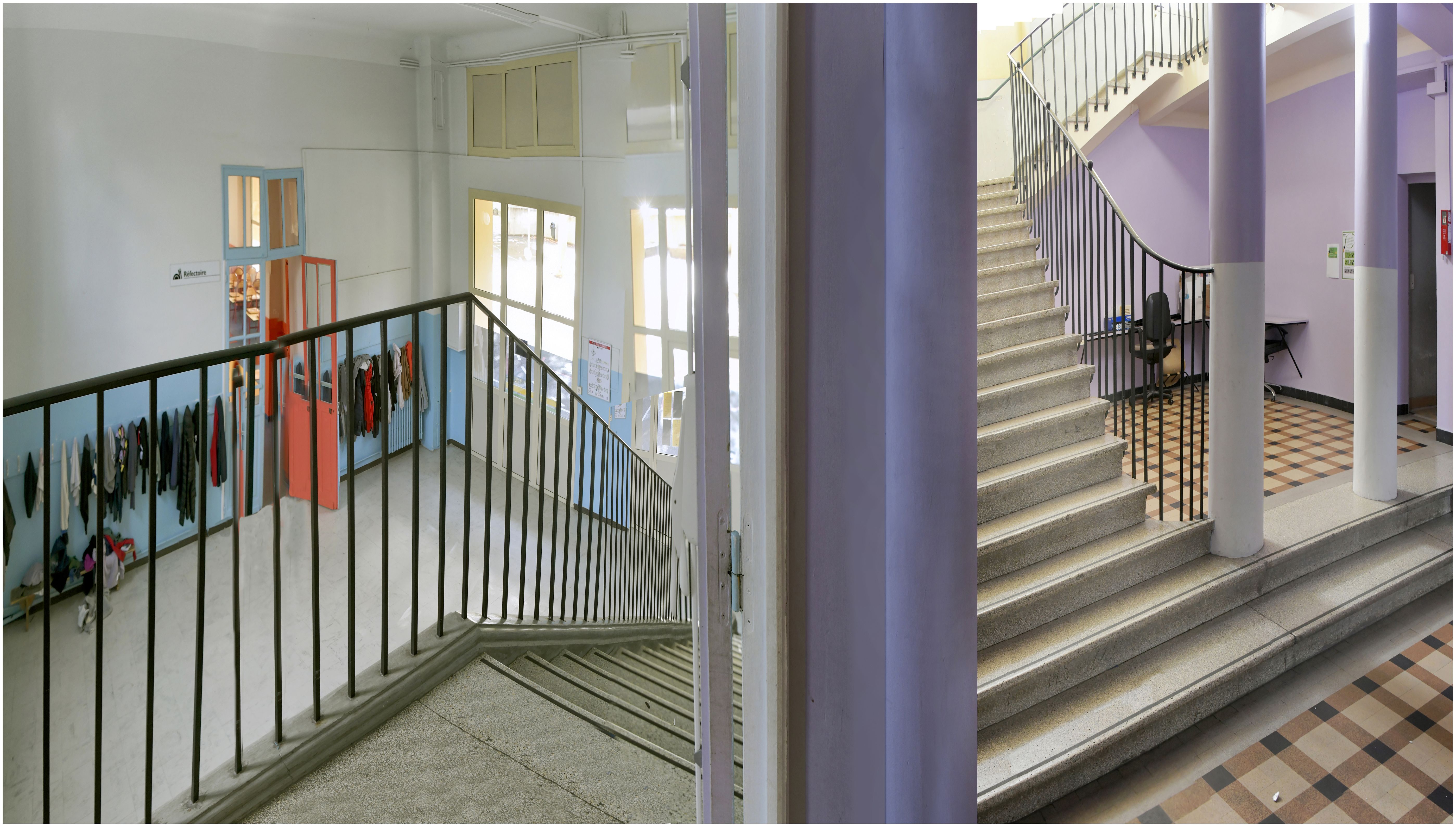 Depuis le hall d’entrée, accès vers l’étage inférieur et une salle donnant sur la cour