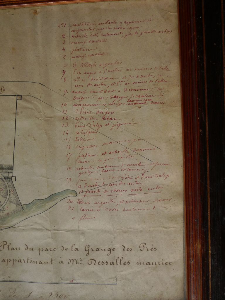 Détail ancien plan de la Grange des Prés. Liste des essences d’arbres.