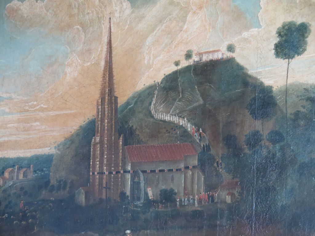 Toile peinte conservée à la mairie : pèlerinage de l’église jusqu’à la chapelle du Calvaire