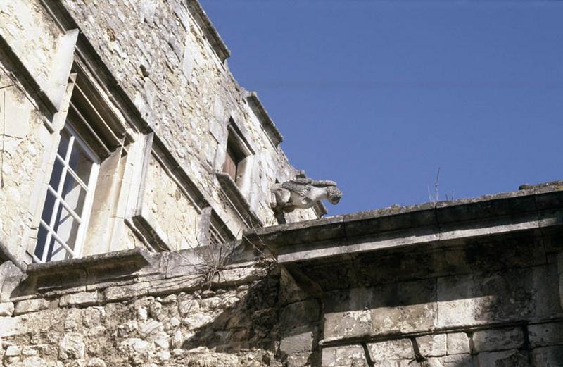 Détail façade latérale, fenêtres et gargouille.