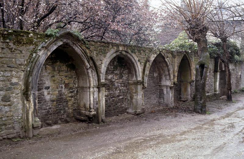 Maison La Prévôté : Mur sud de l’ancien cloître de l’abbaye, enfeus en lisière de la propriété sur l’impasse Saint-Loup, vue générale