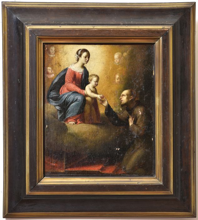 tableau : saint François-d'Assise recevant une pomme des mains de l'Enfant Jésus, vue générale - ® Ministère de la Culture (France), Direction Régionale des Affaires Culturelles d’Auvergne-Rhône-Alpes – Tous droits réservés