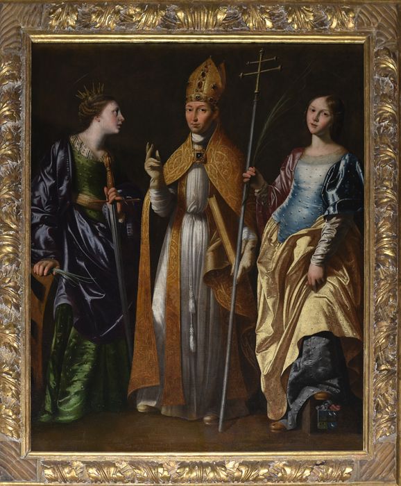 Tableau : Evêque entre une sainte martyre et sainte Catherine d’Alexandrie