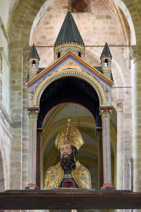 Buste-reliquaire et son palanquin de procession : saint Menoux, vue générale - © Ministère de la Culture (France), Direction Régionale des Affaires Culturelles d’Auvergne-Rhône-Alpes – Tous droits réservés