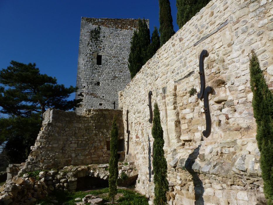 ensemble sud des remparts, façade est du donjon, vue partielle