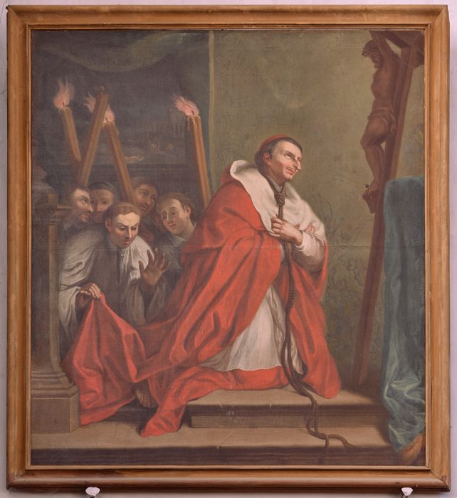 Tableau : Saint Charles Borromée, en tenue de cardinal, pieds nus, avec la corde au cou, prie devant un crucifix pour faire cesser la peste de Milan, d’après Charles Le Brun, vue générale