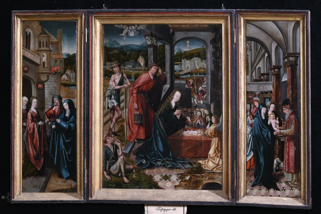 tableau (triptyque) dit de Béthléem : la Nativité, Adoration des bergers, Arrivée à Bethléem, la Circoncision