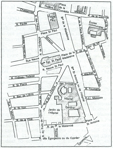 Plan du quartier de l'hôpital général Saint-Antoine, avec la cour des insensés, début XIXe siècle.