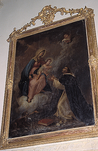 Tableau et son cadre : l'Institution du Rosaire (Vierge remettant le rosaire à saint Dominique).