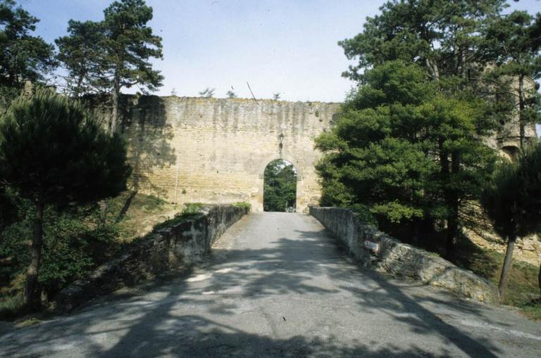 Porte dans le mur d'enceinte et pont au dessus des fossés.