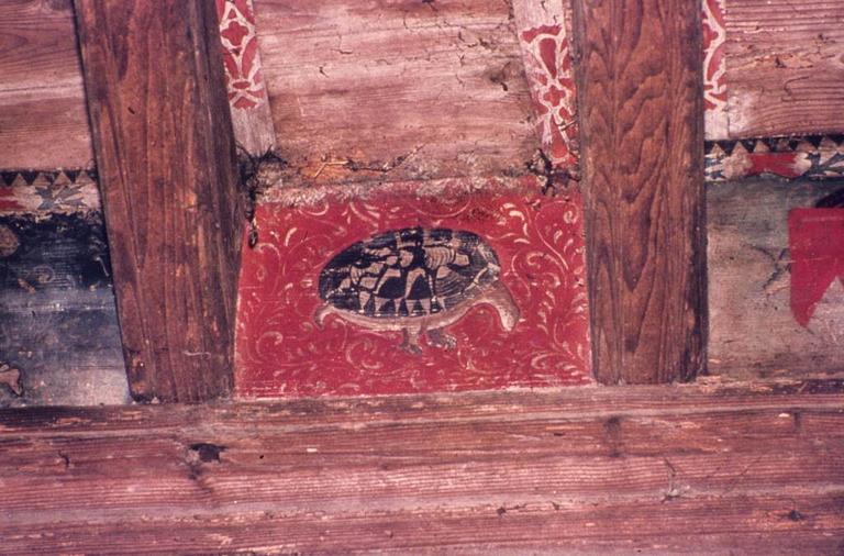 Intérieur. Plafond peint de la grande salle. Panneau.