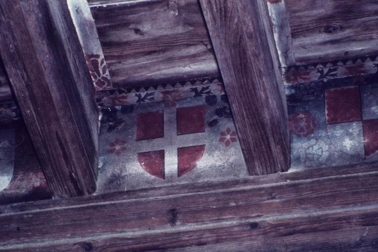 Intérieur. Plafond peint de la grande salle. Panneau.