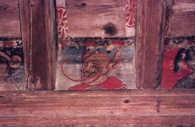 Intérieur. Plafond peint de la grande salle. Panneau.