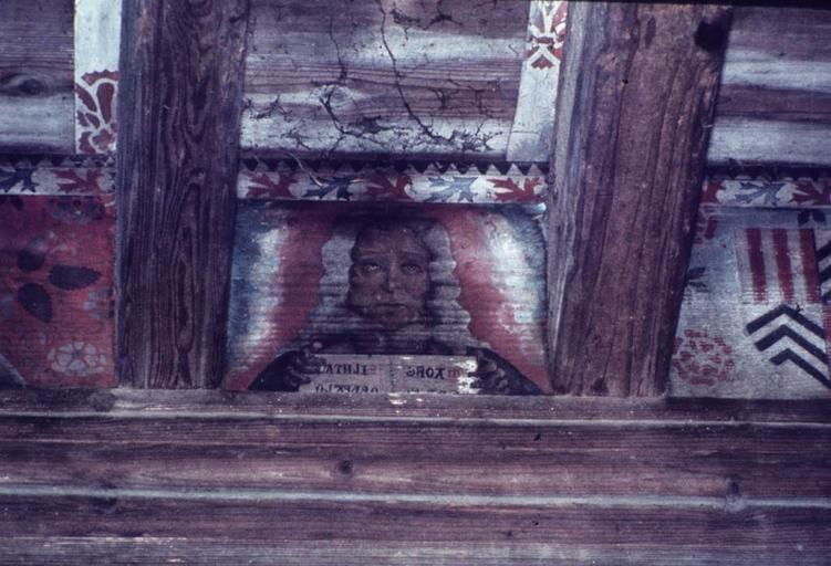 Intérieur. Plafond peint de la grande salle. Panneau.