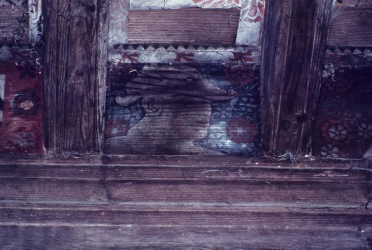 Intérieur. Plafond peint de la grande salle. Panneau.