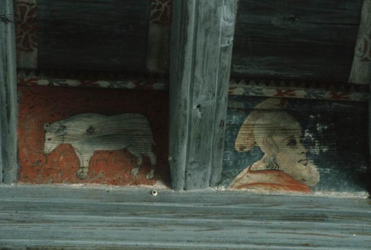 Intérieur. Plafond peint de la grande salle. Panneau.