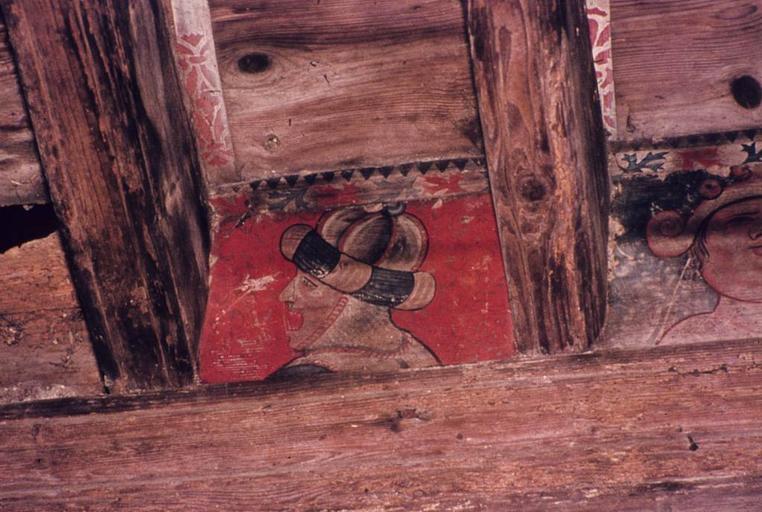 Intérieur. Plafond peint de la grande salle. Panneau.