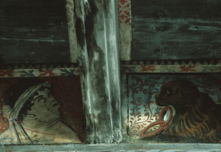 Intérieur. Plafond peint de la grande salle. Panneau.