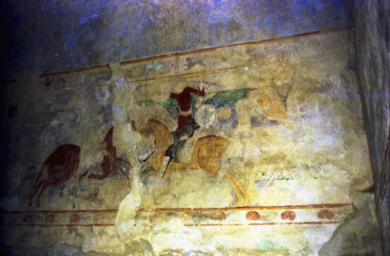 Peinture murale : scène de chevalerie.