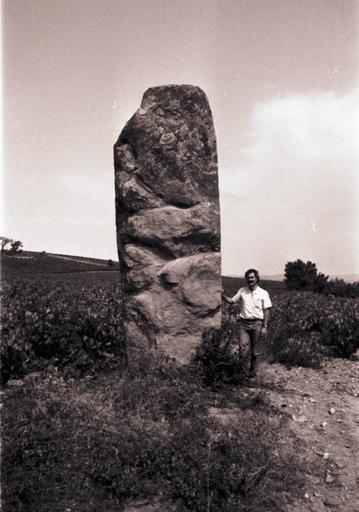 Vue d'ensemble du menhir, avec André Signoles à côté.