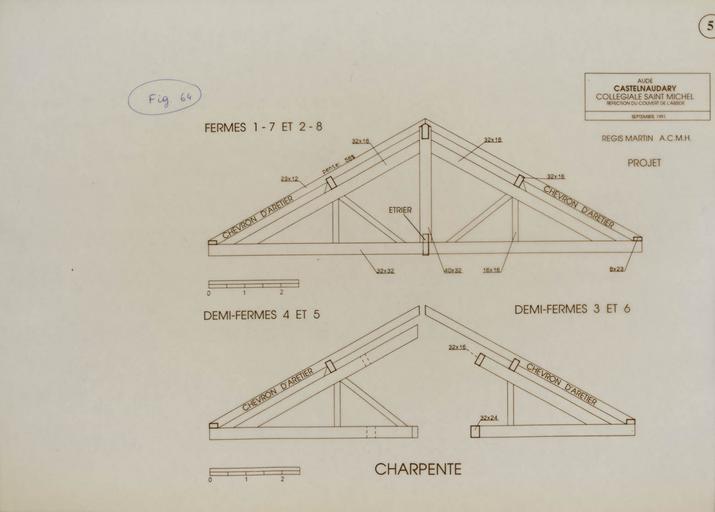 Réfection du couvert de l'abside/état projeté : charpente, fermes 1-7 et 2-8, demi-fermes 4 et 5.