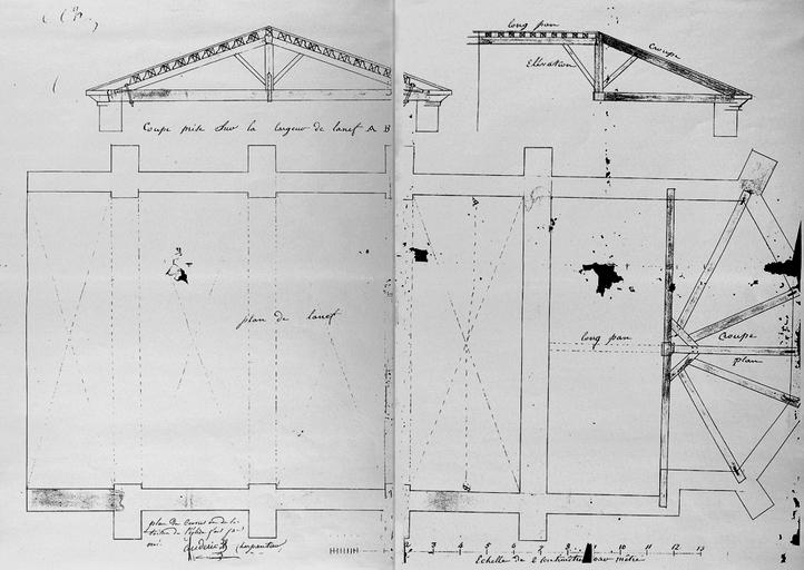 Plan et coupe pour la réfection de la toiture, 1843, signé Mazières à Naurouze.