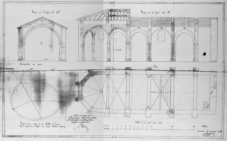 Projet d'une voûte à la Philibert de L'orme pour la nef : plans et coupes datés 4 mars 1843 signé Mazières, Naurouze.