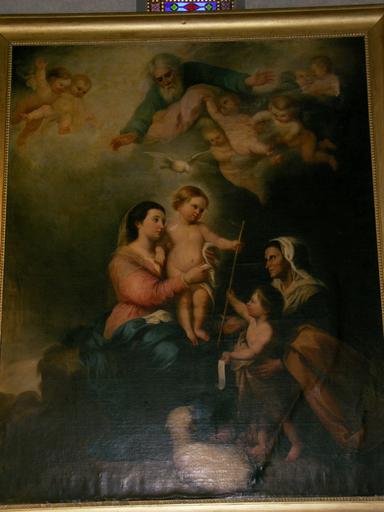 Chapelle latérale nord, Sainte Germaine : tableau Le Père éternel et l'Esprit Saint contemplant l'Enfant Jésus signé Gosselin achevé en 1846 d'après Murillo par Mlle Gosselin.