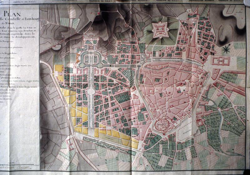 Plan de 1781 de la ville, de la citadelle et des faubourgs de Nîmes (Service Historique de l'Armée de Terre, archives du Génie).