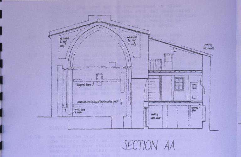 Plan de la chapelle de Corbiac ; coupe de la façade ouest.