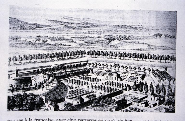 Copie de la gravure du chevalier de Lespinasse ; Vue du jardin des arbustes.