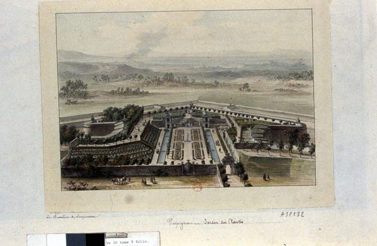 Gravure du chevalier de Lespinasse ; Vue du jardin des plantes.