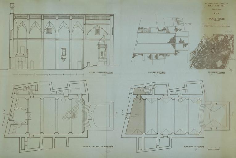 Plans de situation, rez-de-chaussée, Tribune et toitures + coupe longitudinale AA.