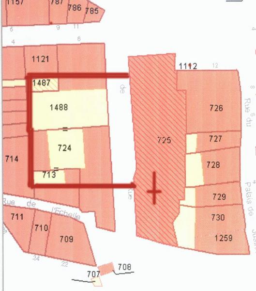 Plan cadastral : en rouge l'emplacement présumé du cloître des Cordeliers.