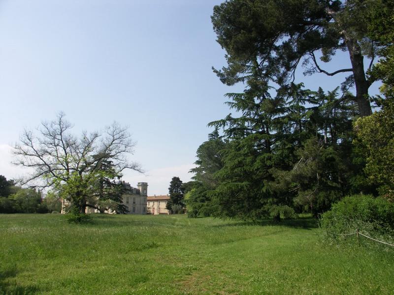 Vue du bosquet Est et de la prairie face au pavillon Sud-Est du château.