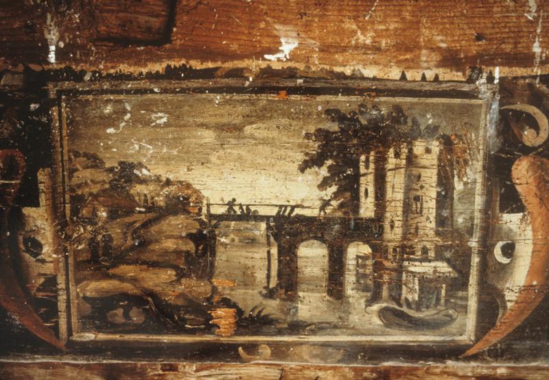 Vue intérieure ; plancher aux poutres peintes, au-dessus du plafond de l'actuelle salle du restaurant La Galiote; détail des peintures ; vue de Rome.