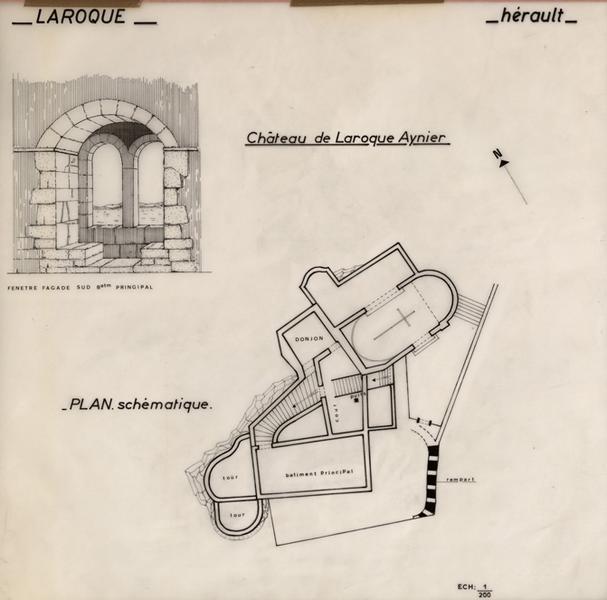 Château de Laroque Aynier : plan schématique et fenêtre façade sud, bâtiment principal.