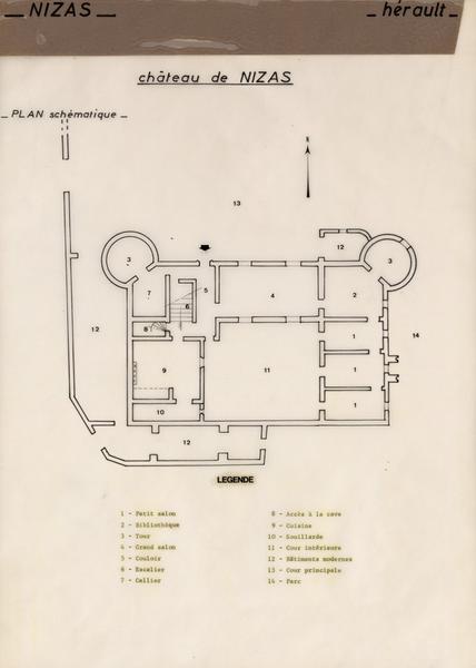 Château de Nizas : plan schématique légendé.