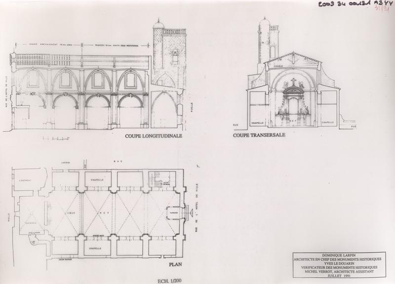 Restauration de la chapelle de la quatrième travée et dégagement du décor peint du retable, état actuel : plan, coupe longitudinale, coupe transversale.