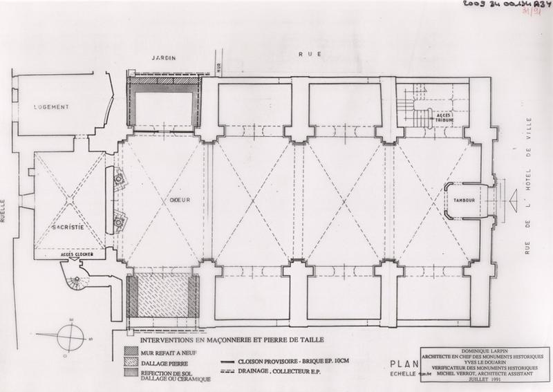 Restauration de la chapelle de la quatrième travée et dégagement du décor peint du retable, état projeté : plan, interventions en maçonnerie et pierre de taille.