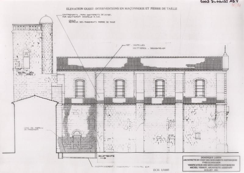 Restauration de la chapelle de la quatrième travée et dégagement du décor peint du retable, état projeté : élévation ouest, interventions en maçonnerie et pierre de taille