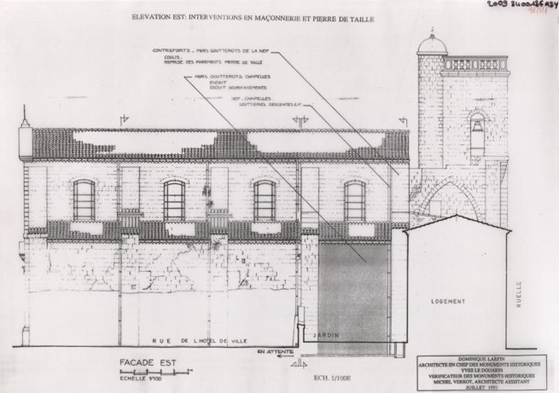 Restauration de la chapelle de la quatrième travée et dégagement du décor peint du retable, état projeté : élévation est, interventions en maçonnerie et pierre de taille.