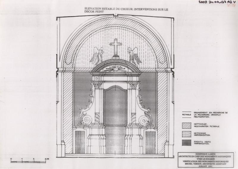 Restauration de la chapelle de la quatrième travée et dégagement du décor peint du retable, état projeté : élévation retable du choeur, localisation des sondages - essai de stratigraphies comparées.