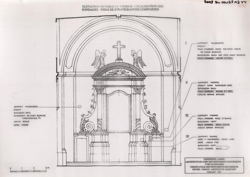 Restauration de la chapelle de la quatrième travée et dégagement du décor peint du retable, état projeté : élévation retable du choeur, interventions sur le décor peint.