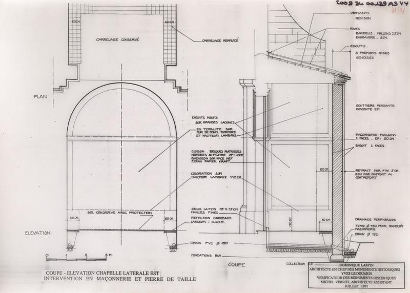 Restauration de la chapelle de la quatrième travée et dégagement du décor peint du retable, état projeté : coupe - élévation chapelle latérale Est, intervention en maçonnerie et pierre de taille.